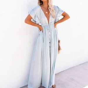 VICI Anika Pocketed Button Down Ruffle Maxi Dress - Waterlily